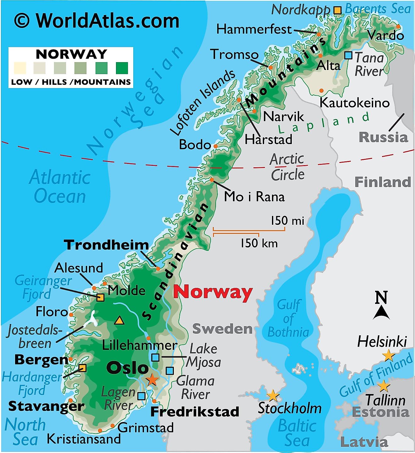 Engelsk map av Norwegen fra WordAtlas.com.